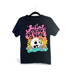 Spencer's Black 'Nothing is Real' Trippy Mushroom Skull T-Shirt Size Small